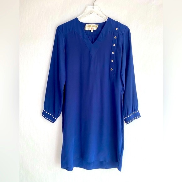 Anthropologie Dresses & Skirts - Anthropologie Lauren Moffat Dot Trim Blue Silk Long Sleeve Shirt Dress Size 4